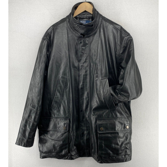 POLO RALPH LAUREN Jacket Mens XL Leather Motorcycle Utility Biker Full Zip Black